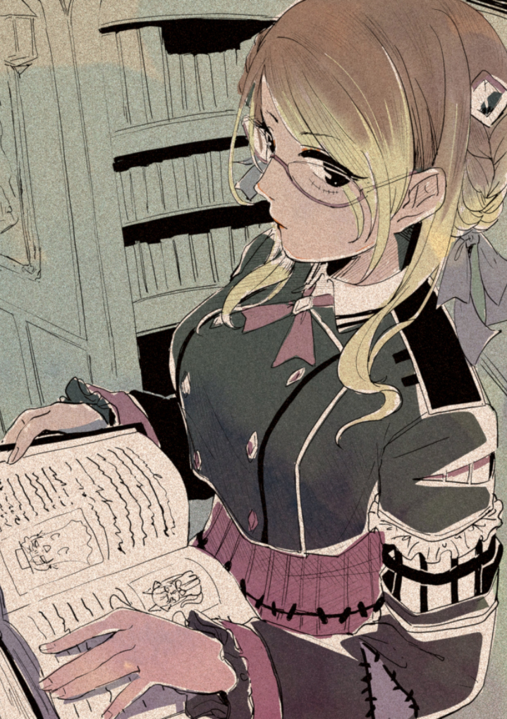 artist_request black_dress blonde_hair book bookshelf bow braid dress glasses hair_bow idolmaster idolmaster_shiny_colors izumi_mei library multicolored_hair neck_ribbon ribbon stitches torn_clothes two-tone_hair