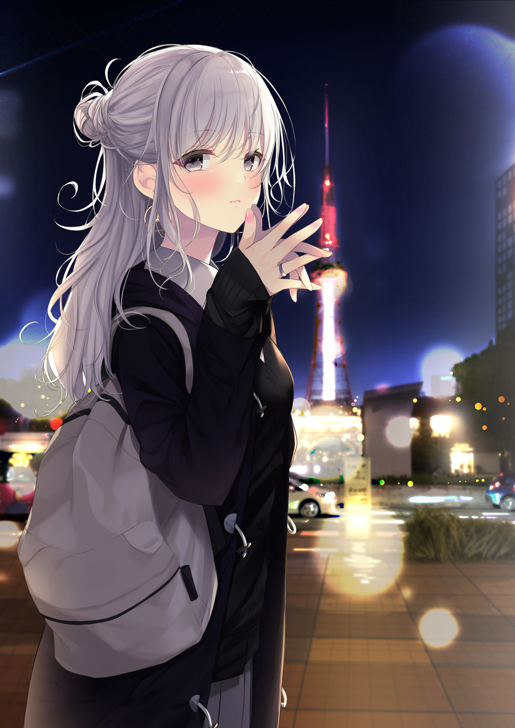 1girl backpack bag black_jacket blush building car closed_mouth collared_shirt grey_eyes ground_vehicle hair_bun hands_together highres jacket long_hair long_sleeves looking_at_viewer motor_vehicle night night_sky original outdoors pleated_skirt road sasahara_wakaba shirt skirt sky solo standing street tower white_hair white_shirt