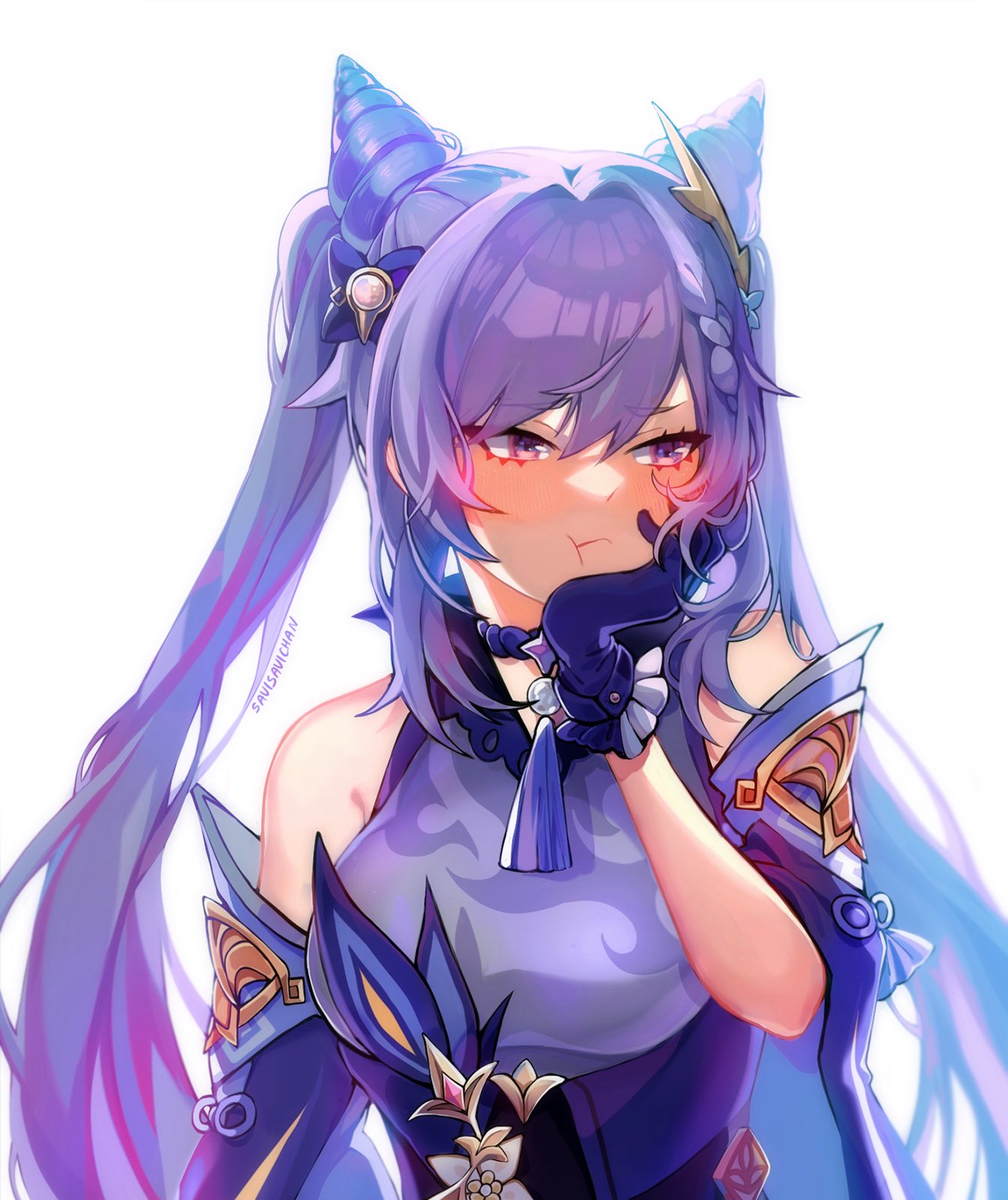 1girl bangs blush breasts detached_sleeves eyebrows_visible_through_hair genshin_impact gloves hair_horns hand_on_own_cheek hand_on_own_face highres keqing_(genshin_impact) long_hair looking_down medium_breasts purple_gloves purple_hair savi_(byakushimc) shoulders solo twintails violet_eyes white_background wide_sleeves