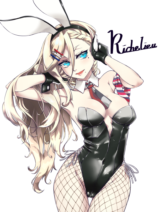 1girl alternate_costume alternate_hairstyle animal_ears armband ascot black_leotard blonde_hair blue_eyes braid braided_bangs bunny_tail character_name commentary_request covered_navel cowboy_shot detached_collar facing_viewer fishnet_legwear fishnets gloves hair_between_eyes hair_ornament hairclip kantai_collection leotard lips long_hair looking_at_viewer mole mole_under_eye mole_under_mouth multicolored multicolored_clothes multicolored_gloves multicolored_neckwear pantyhose playboy_bunny rabbit_ears richelieu_(kantai_collection) sideways_glance simple_background solo strapless strapless_leotard tail thigh_gap uzuki_kosuke white_background wrist_cuffs