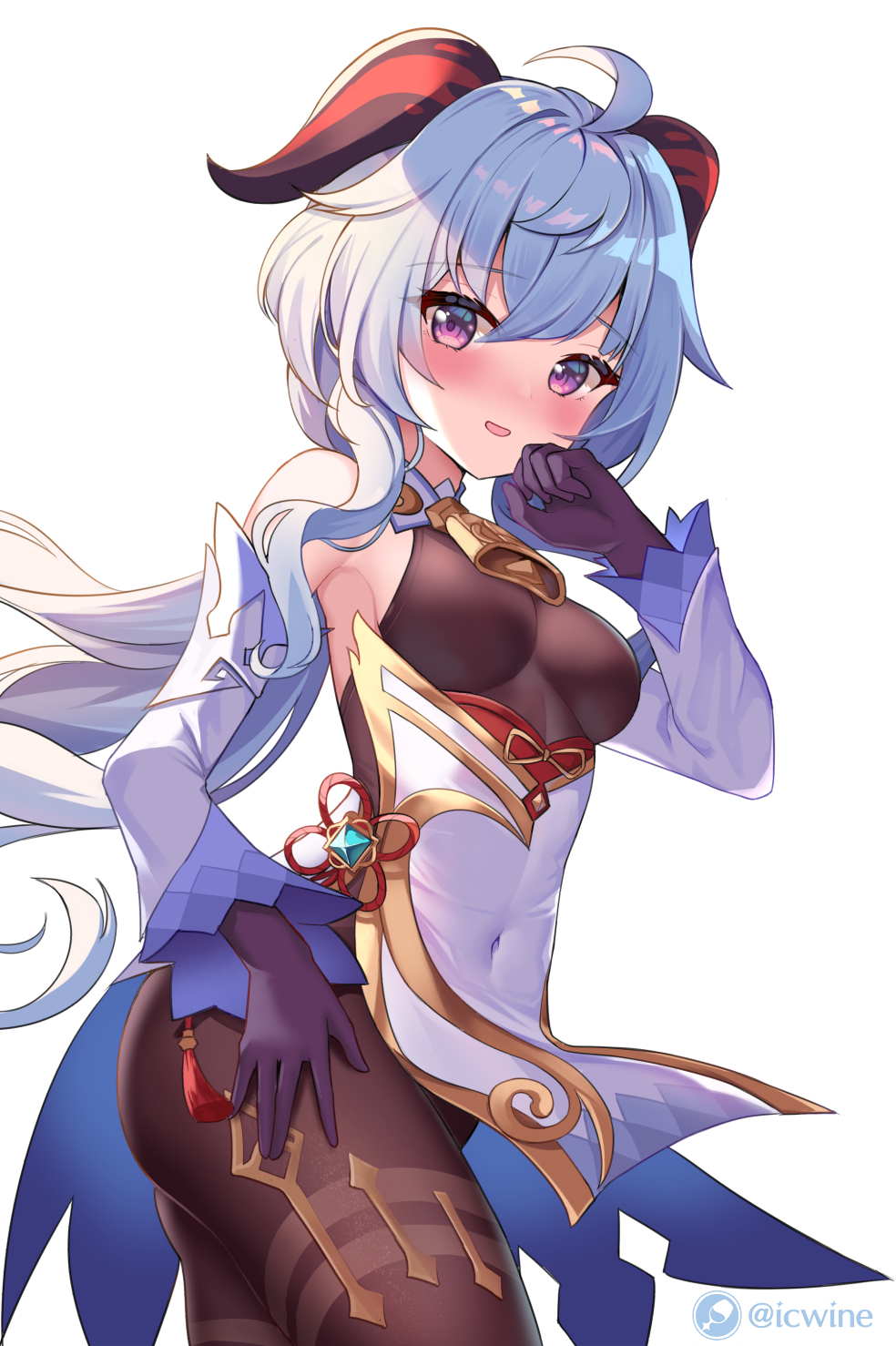 1girl :d ahoge bangs bare_shoulders bell blue_hair blush breasts covered_navel cowboy_shot detached_sleeves eyebrows_visible_through_hair flower_knot from_side ganyu_(genshin_impact) genshin_impact gloves hand_on_hip hand_on_own_face highres horns icwine long_hair long_sleeves looking_at_viewer looking_to_the_side medium_breasts open_mouth purple_gloves red_ribbon ribbon simple_background smile solo tassel twitter_username very_long_hair violet_eyes white_background