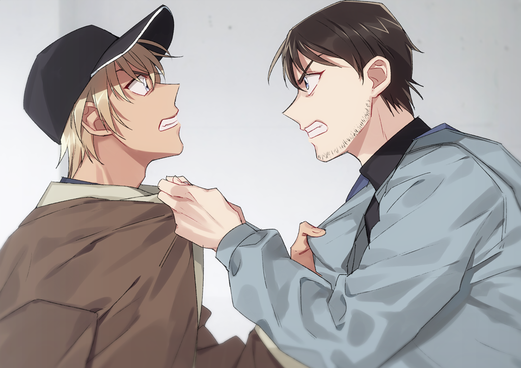 2boys amuro_tooru angry bangs baseball_cap black_headwear black_shirt blonde_hair blue_eyes brown_hair brown_jacket casual clenched_teeth clothes_grab commentary_request confrontation eye_contact facial_hair from_side grey_background grey_jacket hair_between_eyes hat jacket jacket_grab k_gear_labo long_sleeves looking_at_another male_focus meitantei_conan multiple_boys scotch_(meitantei_conan) shirt short_hair simple_background stubble teeth upper_body