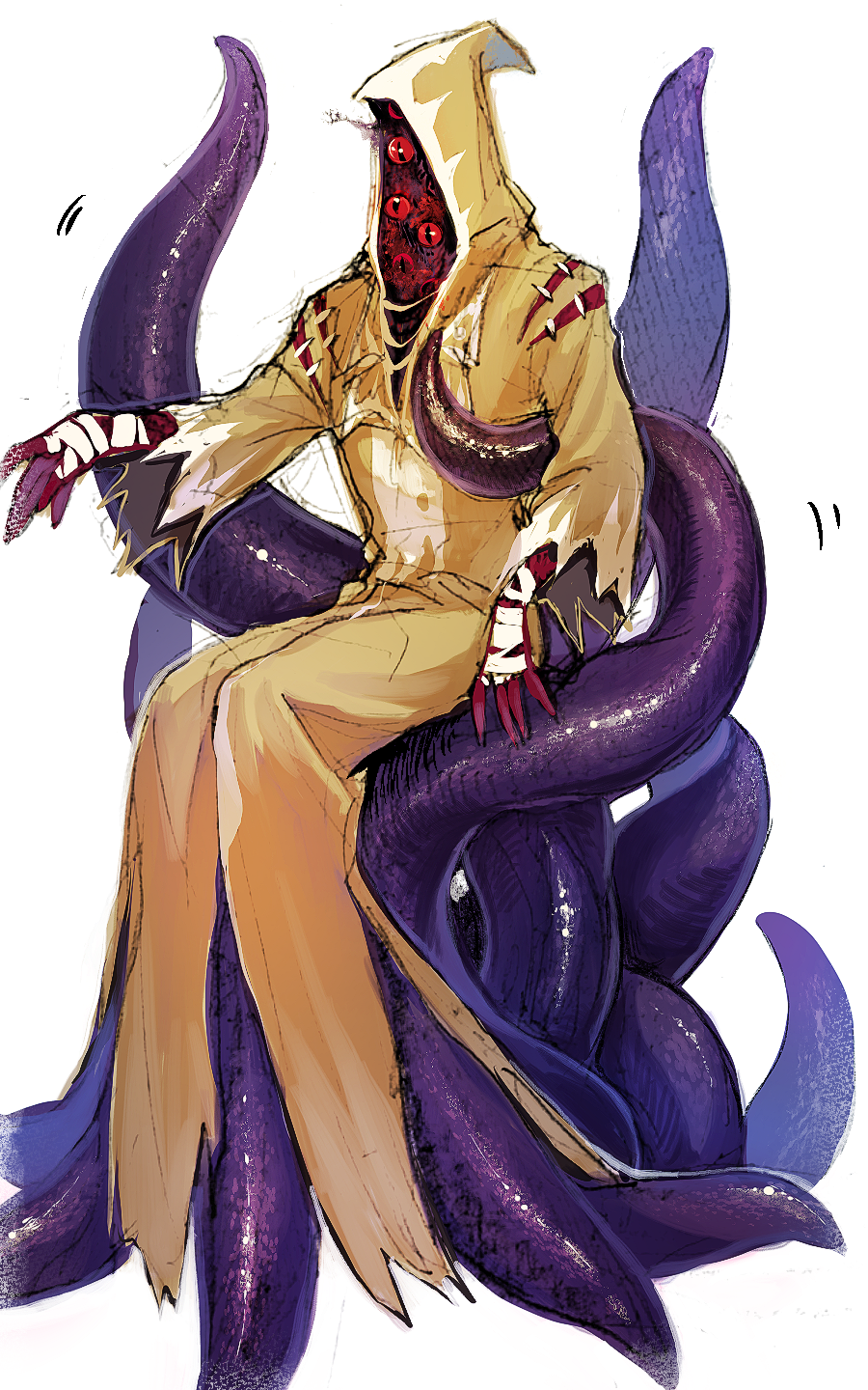 1boy bandaged_hands bandages brown_robe colored_skin demon extra_eyes frontierpax full_body hastur_(identity_v) highres hood hood_up hooded_robe identity_v long_sleeves male_focus monster monster_boy red_eyes red_skin robe simple_background sitting solo tentacle_chair tentacles torn_clothes torn_robe torn_sleeves white_background