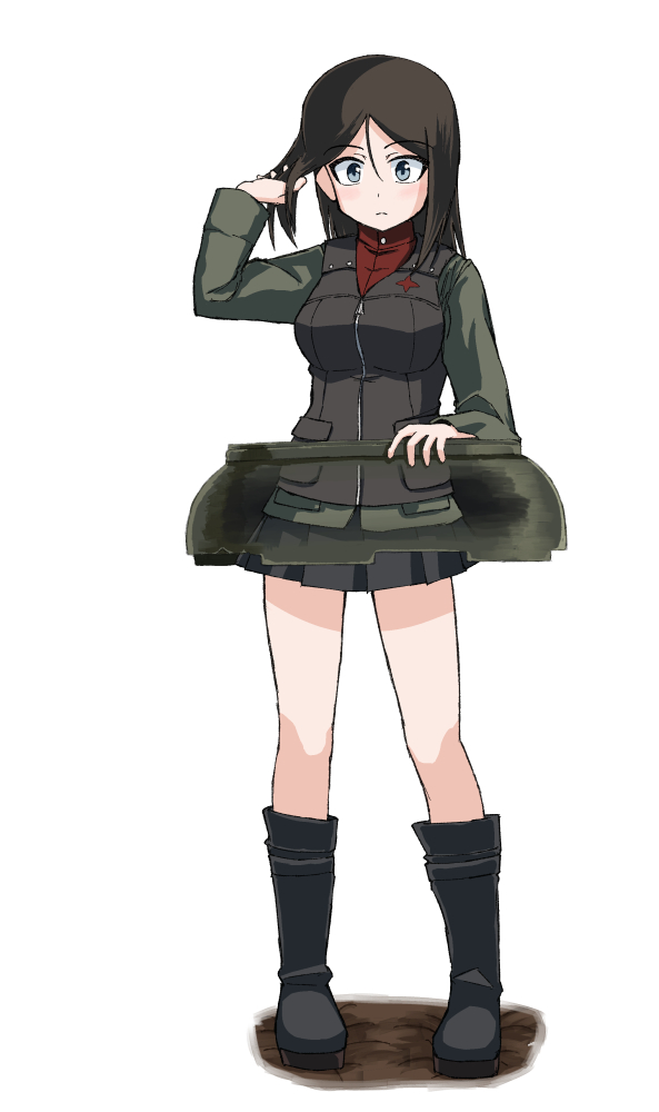 1girl bangs black_footwear black_hair black_skirt black_vest blue_eyes boots closed_mouth commentary frown full_body gaditava girls_und_panzer green_jacket hand_in_hair insignia jacket long_hair long_sleeves looking_at_viewer military military_uniform miniskirt nonna_(girls_und_panzer) pleated_skirt pravda_military_uniform red_shirt shirt simple_background skirt solo standing swept_bangs tank_cupola turtleneck uniform vest white_background x-ray