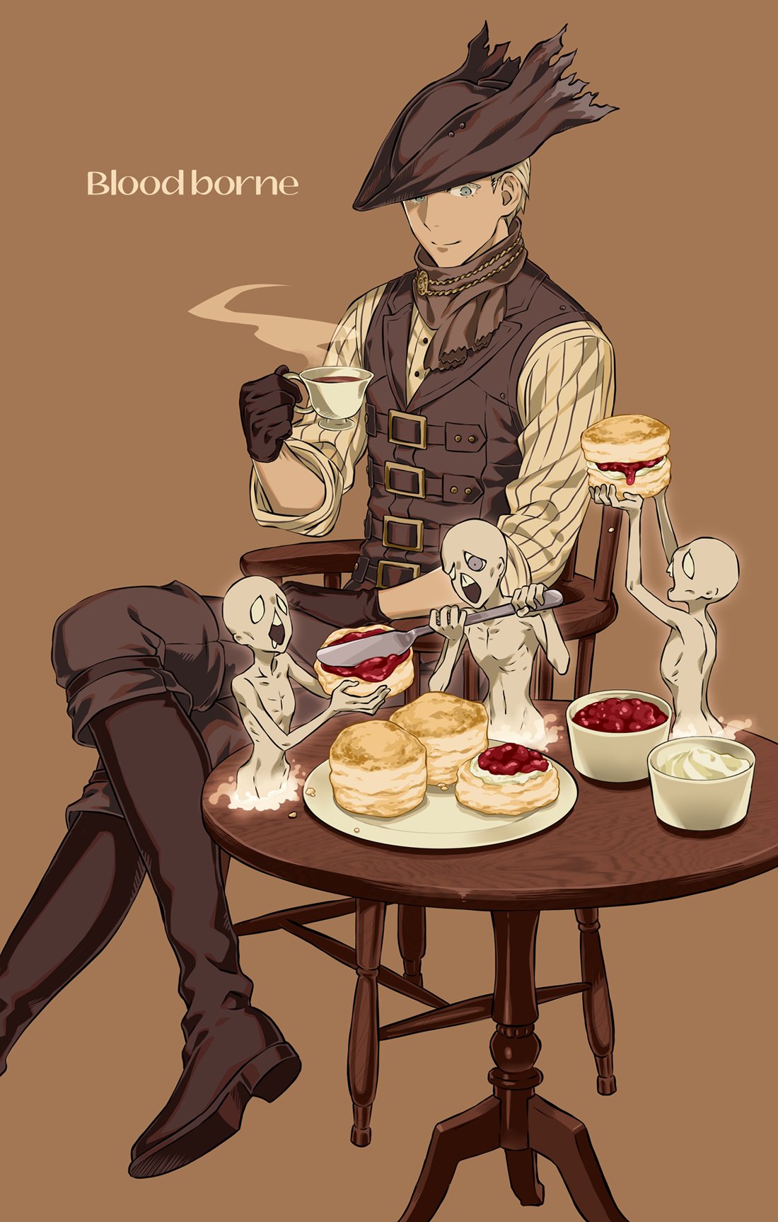 1boy 3others arizuka_(catacombe) bloodborne blue_eyes boots brown_background butter_knife chair coat cream crossed_legs cup food gloves hat highres holding holding_cup holding_food hunter_(bloodborne) jam male_focus messengers_(bloodborne) multiple_others plate short_hair sitting sleeves_rolled_up steam table teacup tricorne white_hair