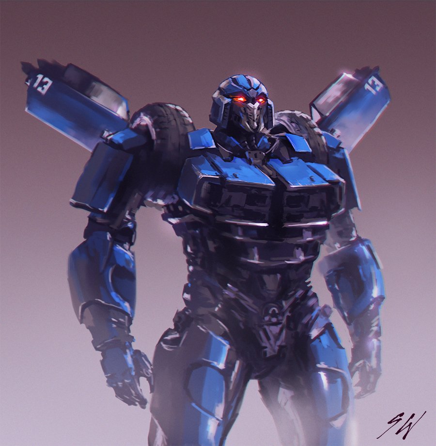 1boy bumblebee_(film) decepticon dropkick_(transformers) english_commentary glowing glowing_eyes gradient gradient_background looking_up mecha no_humans open_hands red_eyes science_fiction simon_wong solo transformers transformers_(live_action)