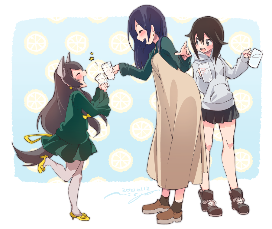 3girls ^_^ ^o^ alternate_costume apron black_hair black_skirt blue_hair brown_footwear closed_eyes cup drinking_glass full_body green_shirt green_skirt grey_eyes hayasui_(kantai_collection) high_heels holding holding_cup i-47_(kantai_collection) kantai_collection long_hair long_sleeves low_twintails multiple_girls nigo pleated_skirt shirt short_hair skirt smile souryuu_(kantai_collection) star_(symbol) twintails yellow_footwear