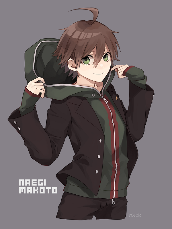 1boy ahoge bangs black_jacket black_pants brown_hair character_name closed_mouth commentary_request cowboy_shot cropped_legs dangan_ronpa:_trigger_happy_havoc dangan_ronpa_(series) green_eyes grey_background hair_between_eyes hands_up hood hood_down hoodie jacket long_sleeves looking_at_viewer male_focus naegi_makoto open_clothes open_jacket pants short_hair simple_background sleeves_past_wrists smile solo standing y0e0k