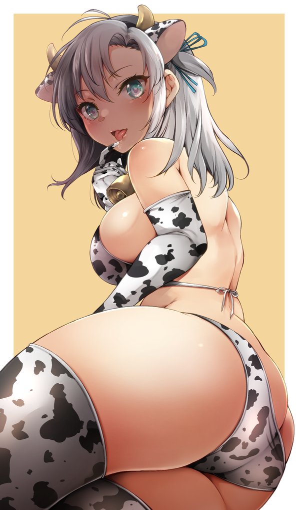 1girl animal_ears animal_print ass bell bikini blue_eyes border breasts cow_ears cow_horns cow_print cowbell elbow_gloves fake_animal_ears fake_horns finger_licking gloves grey_hair horns kantai_collection kinugasa_(kantai_collection) large_breasts licking looking_at_viewer medium_hair outside_border sawamura_aoi solo swimsuit thigh-highs two-tone_bikini white_border yellow_background