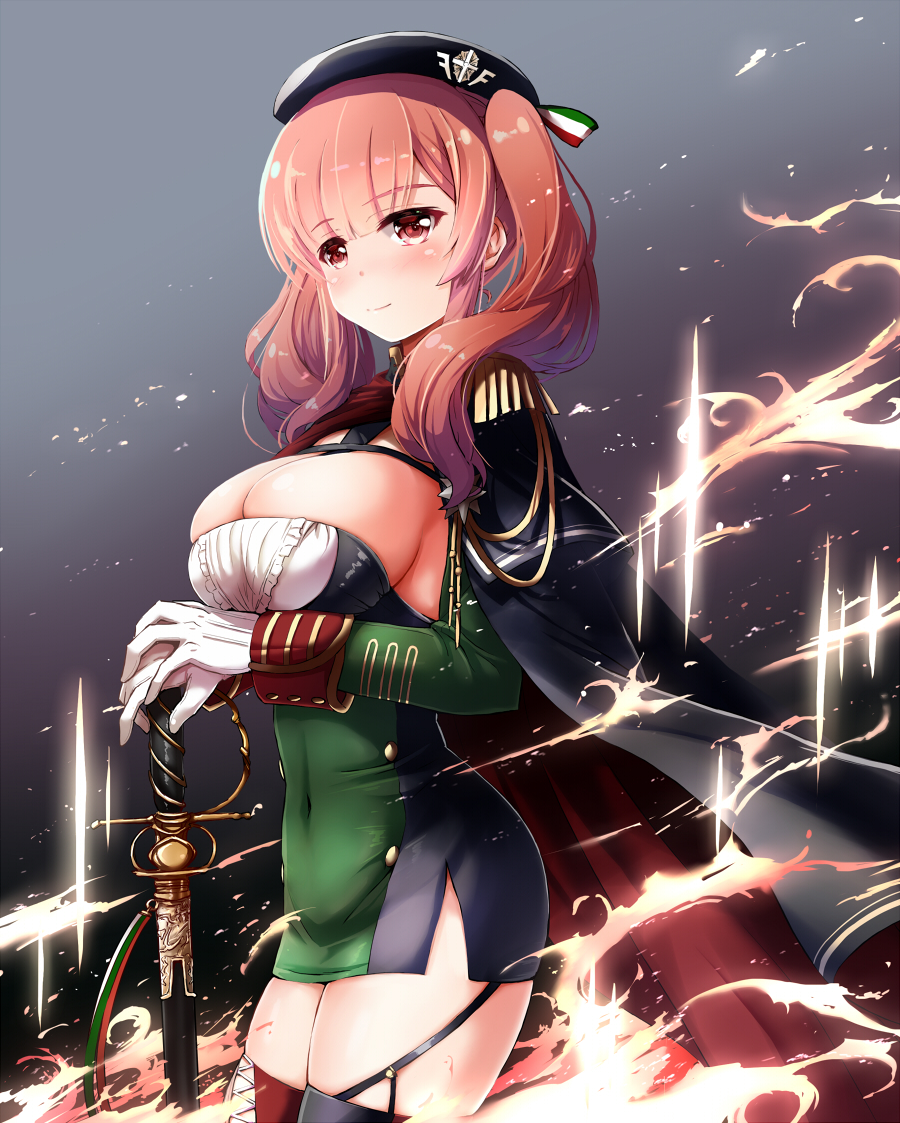 1girl aiguillette azur_lane beret black_cape black_capelet black_headwear breasts cape capelet center_frills covered_navel dress epaulettes frills garter_straps gloves hands_on_hilt hat italian_flag large_breasts looking_at_viewer nitchi orange_eyes red_cape redhead sheath sheathed short_dress skin_tight skindentation solo sword thigh-highs two-tone_cape weapon white_gloves zara_(azur_lane)