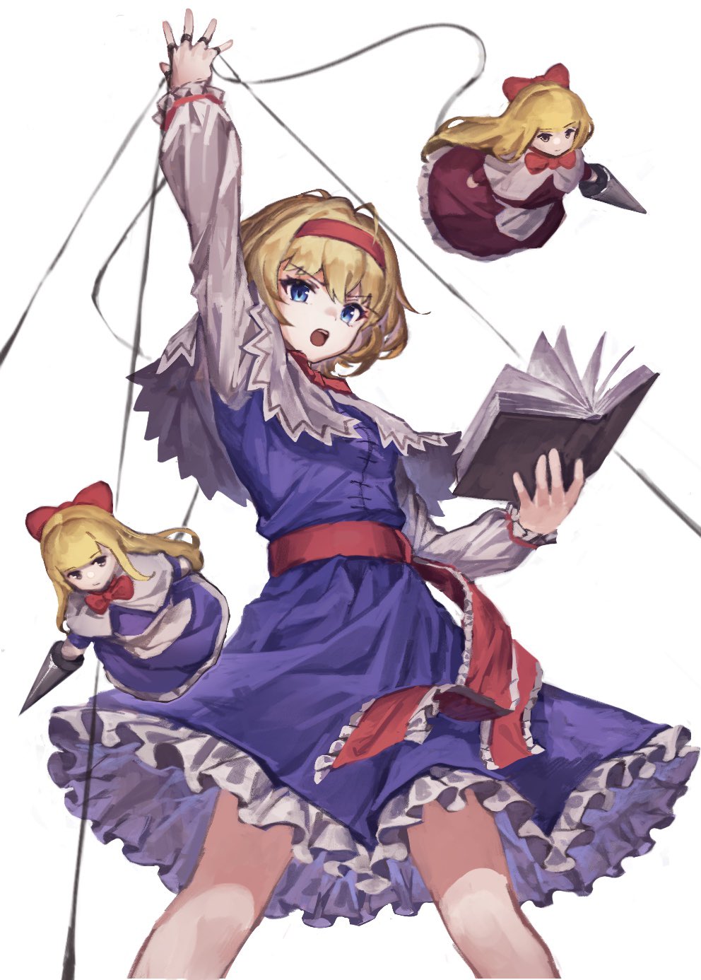 1girl alice_margatroid arm_above_head blonde_hair blue_dress blue_eyes book breasts capelet commentary_request doll dress feet_out_of_frame from_below hairband highres holding holding_book hourai_doll legs_apart long_hair long_sleeves looking_down marionette open_book petticoat puffy_sleeves puppet red_hairband red_sash sash shanghai_doll short_hair simple_background small_breasts solo standing touhou white_background white_capelet yanyan_(shinken_gomi) yellow_eyes