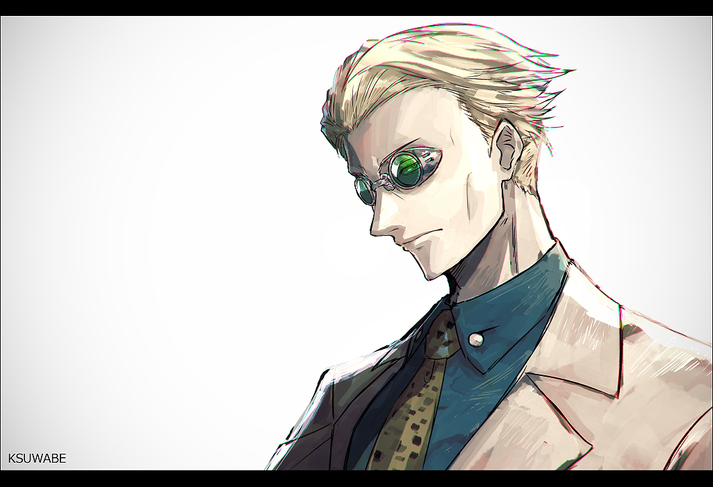 1boy artist_name blonde_hair blue_shirt brown_neckwear closed_mouth collared_shirt commentary_request formal from_side grey_jacket grey_suit jacket jujutsu_kaisen k-suwabe letterboxed looking_at_viewer male_focus nanami_kento necktie serious shirt short_hair simple_background solo sunglasses upper_body white_background