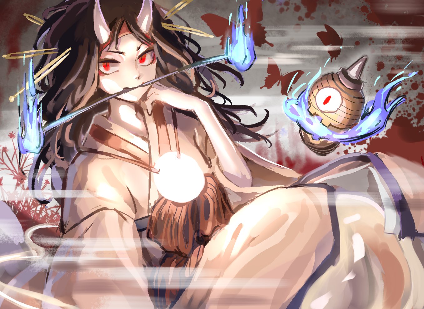 1other androgynous black_hair candle fire flame ghost ghost_tail hairband hemo_(hemoroda) horns japanese_clothes kimono lamp len'en mouth_hold red_eyes short_hair solo taira_no_chouki