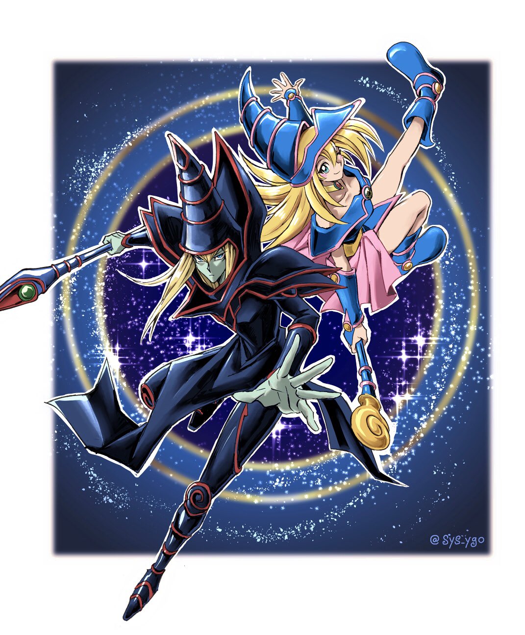 1boy 1girl artist_name bangs bare_shoulders black_footwear blonde_hair blue_footwear boots closed_mouth colored_skin commentary_request dark_magician dark_magician_girl duel_monster green_skin hat highres holding holding_staff long_hair outline smile soya_(sys_ygo) sparkle spread_fingers staff wand watermark wizard_hat yu-gi-oh!