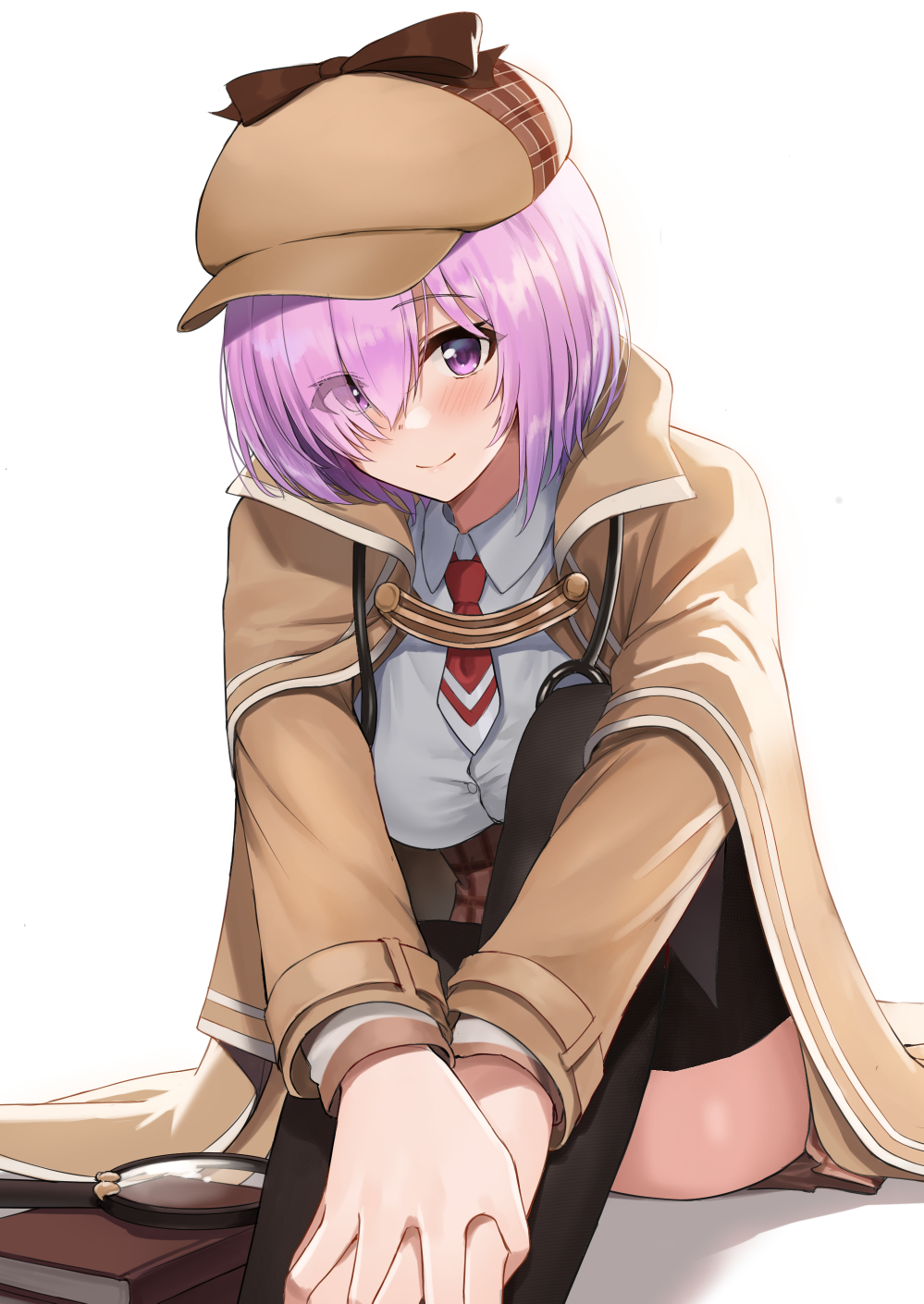 1girl ayul_(ayulneri_92) bangs book breasts brown_capelet brown_coat coat cosplay detective fate/grand_order fate_(series) hair_over_one_eye highres hololive hololive_english knees_up large_breasts light_purple_hair looking_at_viewer magnifying_glass mash_kyrielight necktie open_clothes open_coat red_neckwear short_hair sitting smile stethoscope thigh-highs violet_eyes watson_amelia watson_amelia_(cosplay)