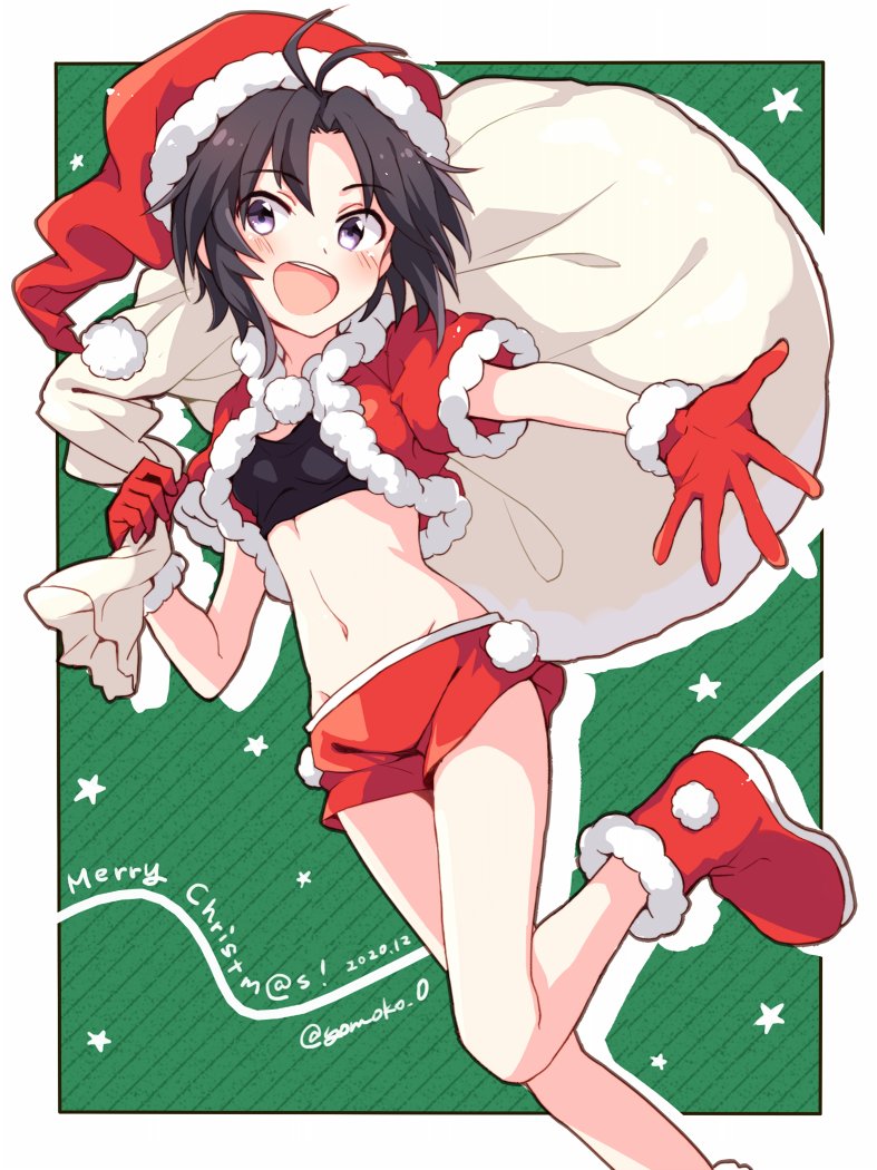 1girl antenna_hair bangs black_border black_eyes black_hair black_sports_bra boots border christmas commentary cropped_jacket dated english_text fur-trimmed_jacket fur_trim gloves green_background groin hat holding holding_sack idolmaster idolmaster_(classic) jacket kikuchi_makoto leg_up lying navel on_side open_mouth outside_border over_shoulder red_footwear red_gloves red_headwear red_shorts sack santa_boots santa_gloves santa_hat short_hair short_shorts short_sleeves shorts silhouette smile solo sports_bra standing standing_on_one_leg twitter_username yoriyomo