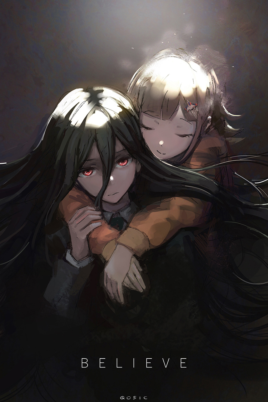 1boy 1girl artist_name bangs black_hair black_jacket brown_hair brown_jacket carrying closed_eyes closed_mouth commentary dangan_ronpa_(series) dangan_ronpa_2:_goodbye_despair english_commentary english_text hair_ornament highres hope's_peak_academy_school_uniform jacket kamukura_izuru long_hair long_sleeves looking_at_viewer nanami_chiaki piggyback qosic red_eyes school_uniform shiny shiny_hair smile spoilers what_if