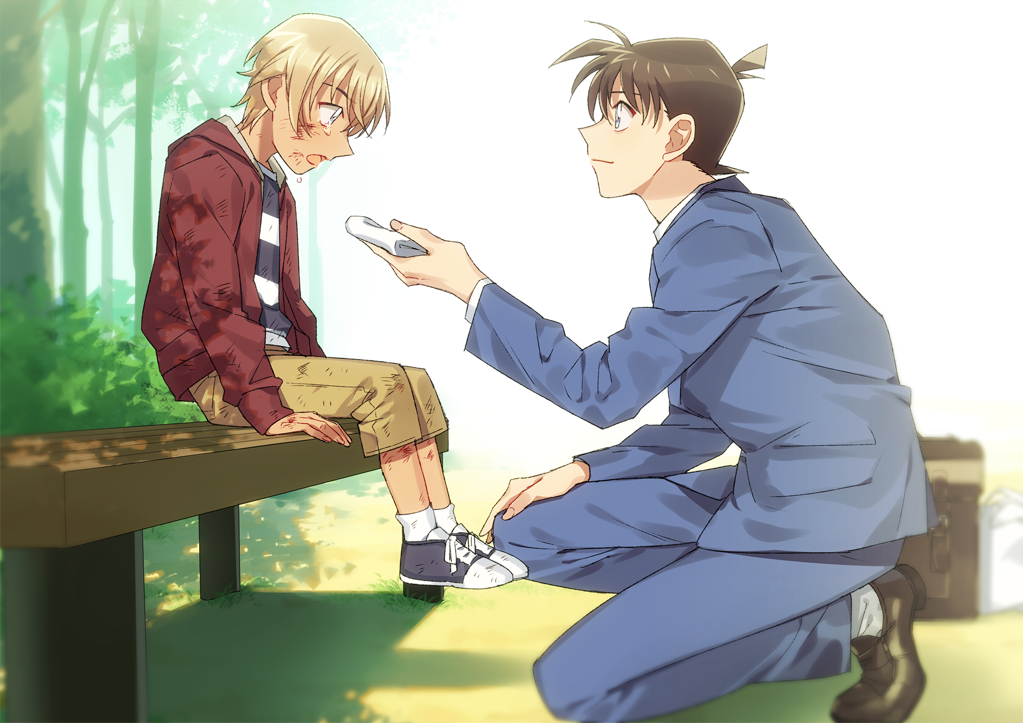 2boys amuro_tooru bangs bench black_shirt blazer blonde_hair blue_jacket blue_pants brown_footwear brown_hair child collared_shirt commentary_request crying crying_with_eyes_open dappled_sunlight day dirty dirty_clothes eye_contact from_side giving green_neckwear handkerchief holding holding_handkerchief jacket k_gear_labo kudou_shin'ichi long_sleeves looking_at_another male_focus meitantei_conan multiple_boys necktie open_clothes open_jacket outdoors pants red_jacket school_briefcase school_uniform scratches shadow shirt shoes short_hair sitting smile sneakers socks squatting striped striped_shirt sunlight tears teitan_high_school_uniform time_paradox tree two-tone_shirt white_legwear white_shirt younger