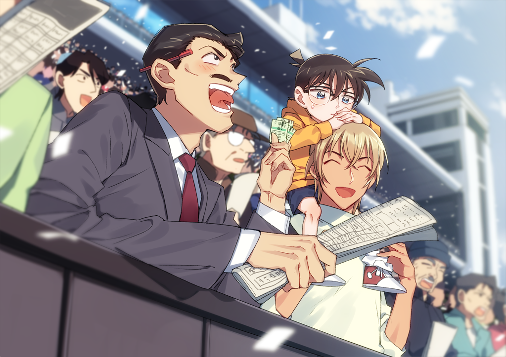 6+boys :d ^_^ amuro_tooru audience bangs behind_ear black_eyes black_hair blonde_hair blue_eyes blue_shorts brown_hair building carrying casual child closed_eyes collared_shirt commentary_request confetti day edogawa_conan facial_hair glasses grey_jacket grey_suit hair_between_eyes happy holding holding_newspaper hood hood_down hoodie jacket k_gear_labo laughing long_sleeves looking_down looking_up male_focus meitantei_conan mouri_kogoro multiple_boys mustache newspaper open_mouth orange_hoodie pen piggyback red_neckwear shirt shoes short_hair short_sleeves shorts sky smile sneakers stadium teeth ticket tongue white_legwear white_shirt