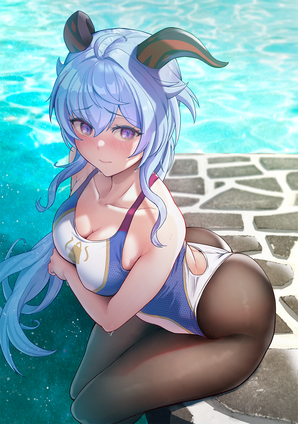 1girl bangs bare_shoulders blue_hair blue_swimsuit blush breasts brown_legwear collarbone competition_swimsuit ganyu_(genshin_impact) genshin_impact goat_horns highleg highleg_swimsuit highres horns large_breasts long_hair looking_at_viewer one-piece_swimsuit pantyhose solar_(happymonk) swimsuit thighs violet_eyes