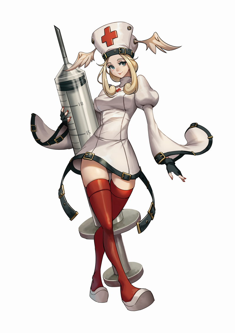 1girl blonde_hair blue_eyes cross curly_hair fanny_(guilty_gear) fingerless_gloves from_above full_body gloves green_eyes guilty_gear guilty_gear_petit guilty_gear_strive hat holding holding_syringe long_hair looking_at_viewer nail_polish nurse nurse_cap oversized_object phamoz red_legwear simple_background smile solo syringe thigh-highs white_background white_headwear winged_hat