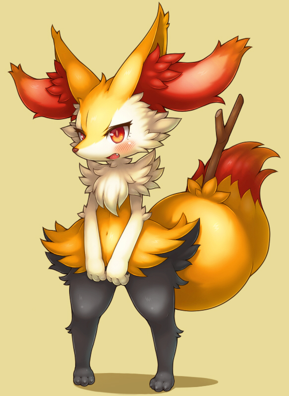 animal_ears animal_nose black_fur blush body_fur braixen claws commentary_request digitigrade fang fewer_digits full_body furry gen_6_pokemon navel orange_eyes orange_fur partial_commentary pokemon pokemon_(creature) simple_background snout solo standing stick tail tsuji white_fur yellow_background