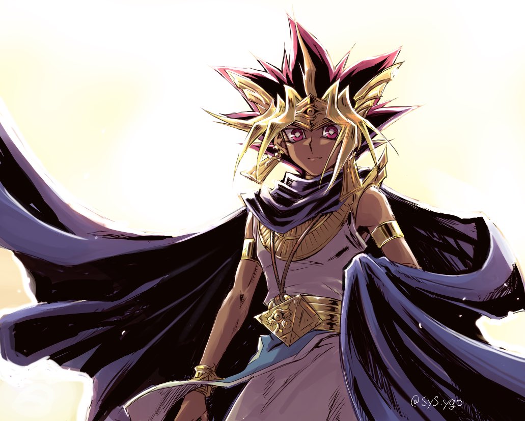 1boy armlet artist_name atem black_cloak black_hair blonde_hair bracer cloak closed_mouth commentary_request dark_skin dark_skinned_male earrings egyptian from_below jewelry male_focus millennium_puzzle multicolored_hair shiny solo soya_(sys_ygo) spiky_hair watermark yu-gi-oh! yu-gi-oh!_duel_monsters
