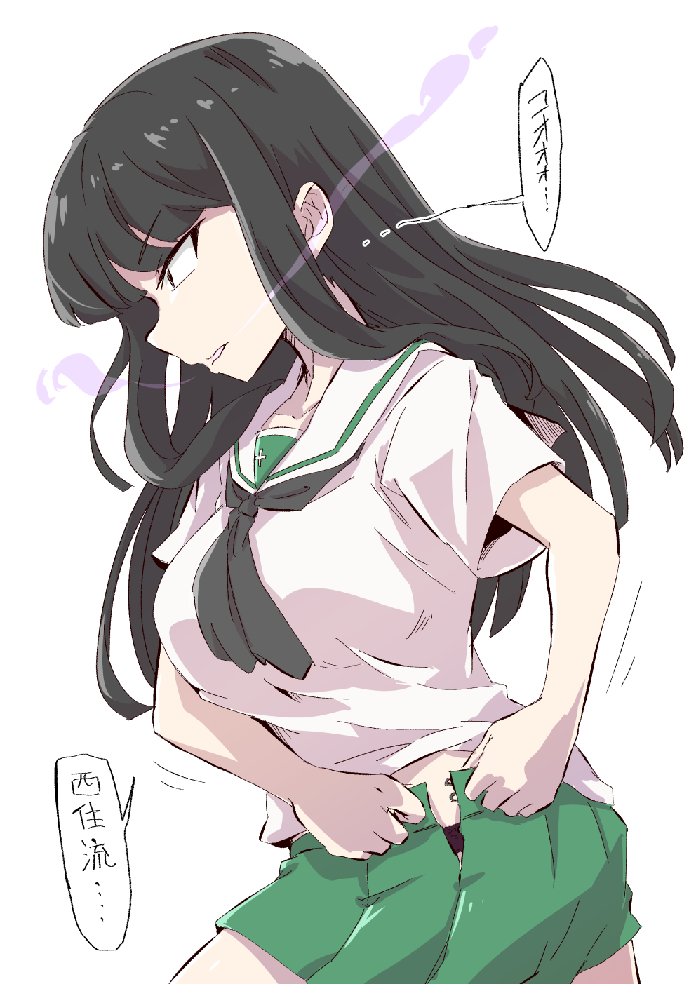 1girl black_hair black_panties bob_(you-u-kai) breasts breath girls_und_panzer highres large_breasts long_hair nishizumi_shiho ooarai_school_uniform panties panty_peek school_uniform serafuku solo translated underwear white_background