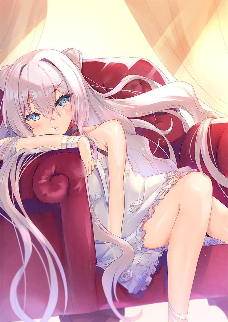 +_+ 1girl :t arm_support armchair azur_lane bangs bare_legs black_choker blue_eyes chair choker closed_mouth commentary_request criss-cross_halter crossed_bangs double_bun dress hair_between_eyes halterneck hinot indoors le_malin_(azur_lane) le_malin_(the_knight's_true_nature)_(azur_lane) light_rays long_hair pout sidelocks silver_hair sitting sleeveless sleeveless_dress slouching solo sunbeam sundress sunlight very_long_hair white_dress