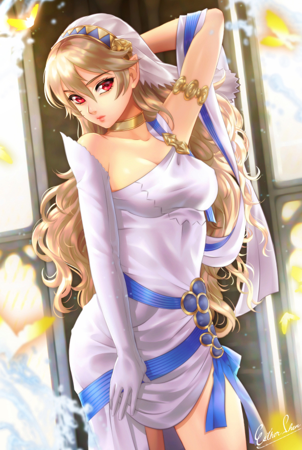 1girl alternate_costume arm_up armlet asymmetrical_clothes breasts choker corrin_(fire_emblem) corrin_(fire_emblem)_(female) dress elbow_gloves esther fire_emblem fire_emblem_fates fire_emblem_heroes gloves hair_ornament hairband long_hair looking_at_viewer platinum_blonde_hair pointy_ears red_eyes side_slit single_glove solo veil white_dress