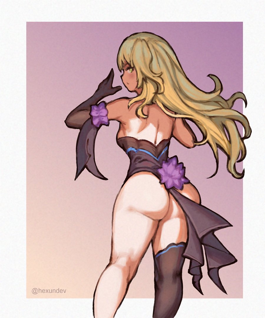 1girl ass black_gloves blonde_hair blush breasts elbow_gloves english_commentary fischl_(genshin_impact) floating_hair flower from_behind genshin_impact gloves hexunart leotard long_hair looking_back medium_breasts purple_flower single_elbow_glove single_glove single_thighhigh solo thigh-highs two_side_up yellow_eyes