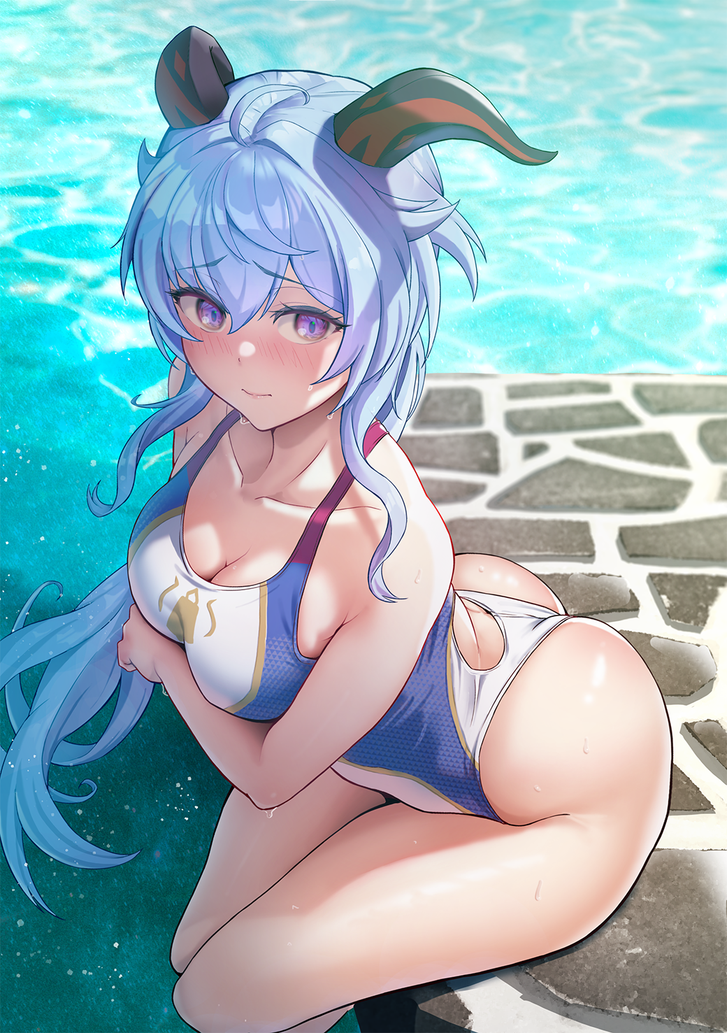 1girl bangs bare_shoulders blue_hair blue_swimsuit blush breasts collarbone competition_swimsuit ganyu_(genshin_impact) genshin_impact goat_horns highleg highleg_swimsuit highres horns large_breasts long_hair looking_at_viewer one-piece_swimsuit solar_(happymonk) swimsuit thighs violet_eyes