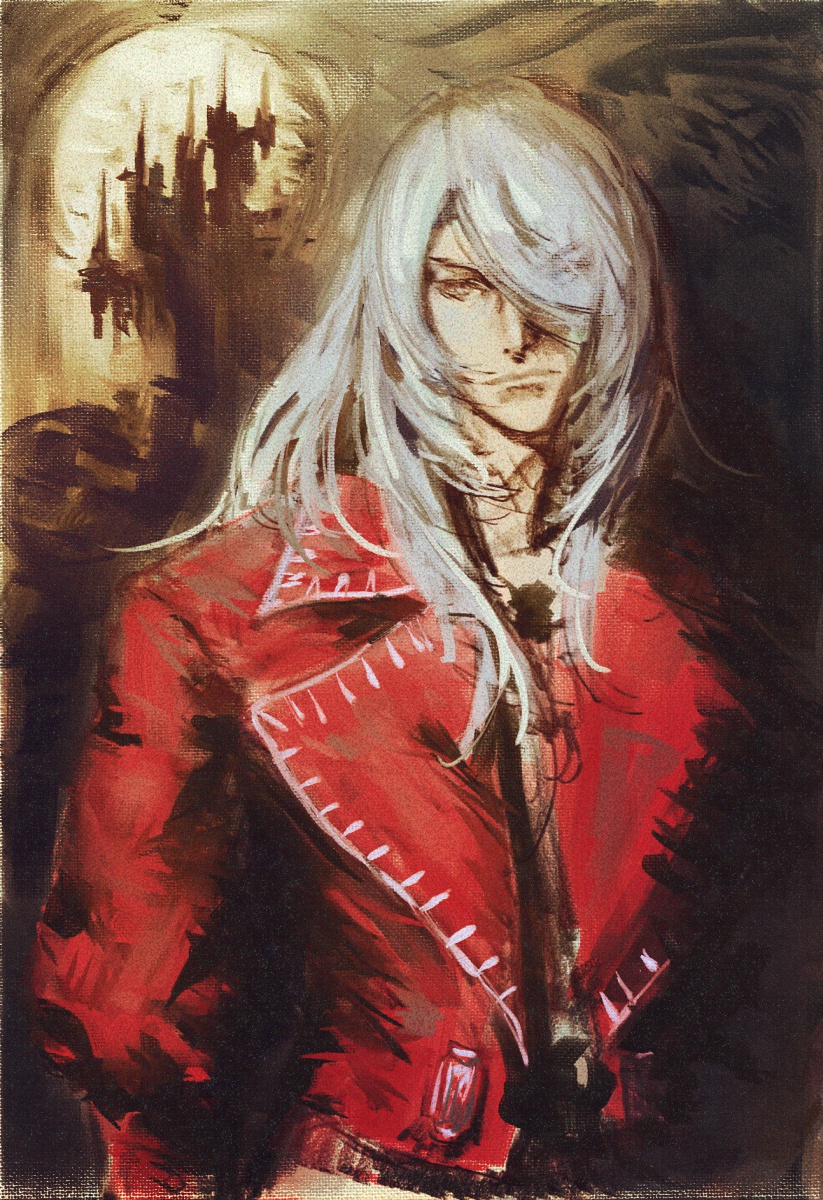 1boy castle castlevania castlevania:_harmony_of_dissonance english_commentary eyebrows_visible_through_hair hair_over_one_eye hexunart highres jacket juste_belmont long_hair male_focus moon red_jacket solo v-shaped_eyebrows white_hair yellow_eyes