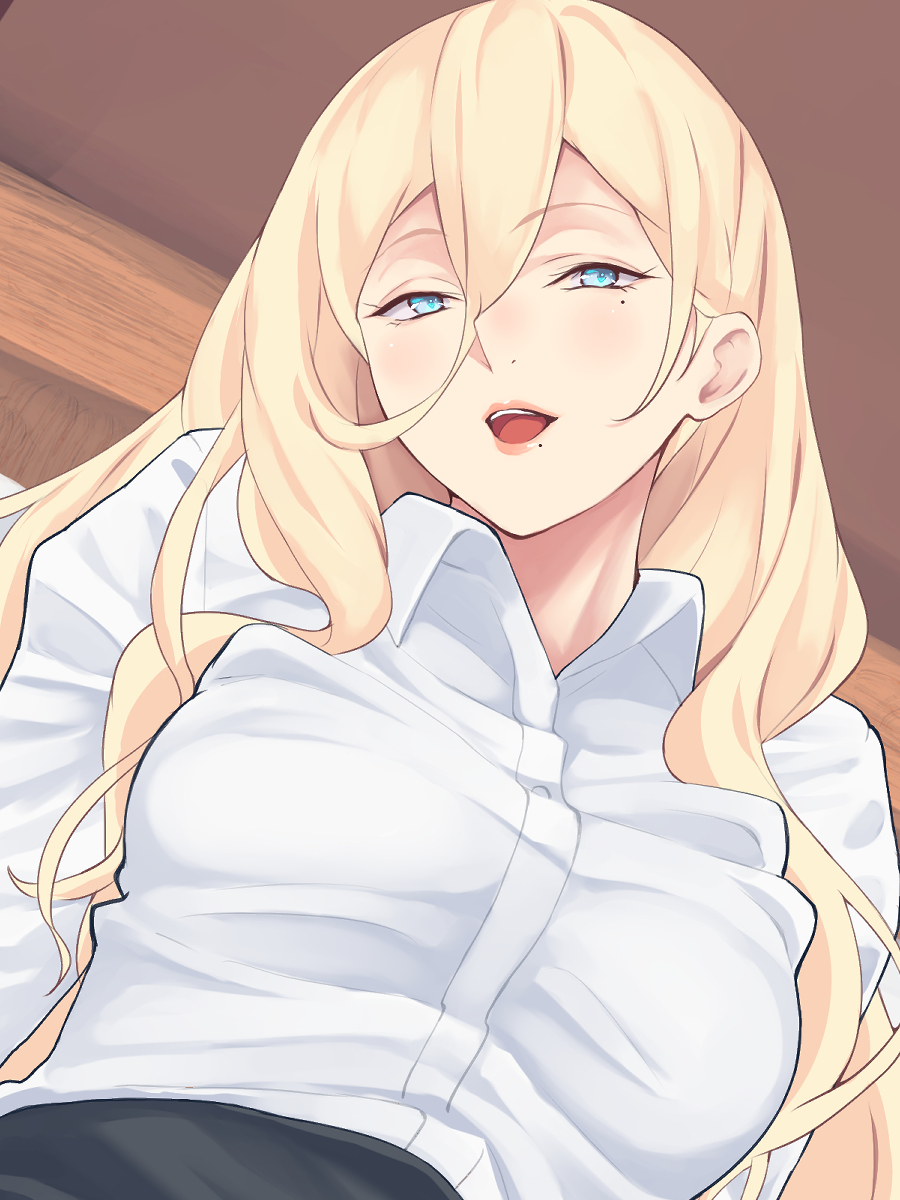 1girl alternate_costume blonde_hair blue_eyes dress_shirt hair_between_eyes highres indoors kantai_collection long_hair looking_at_viewer mole mole_under_eye mole_under_mouth open_mouth parted_lips richelieu_(kantai_collection) shingyou_(alexander-13) shirt solo upper_body white_shirt