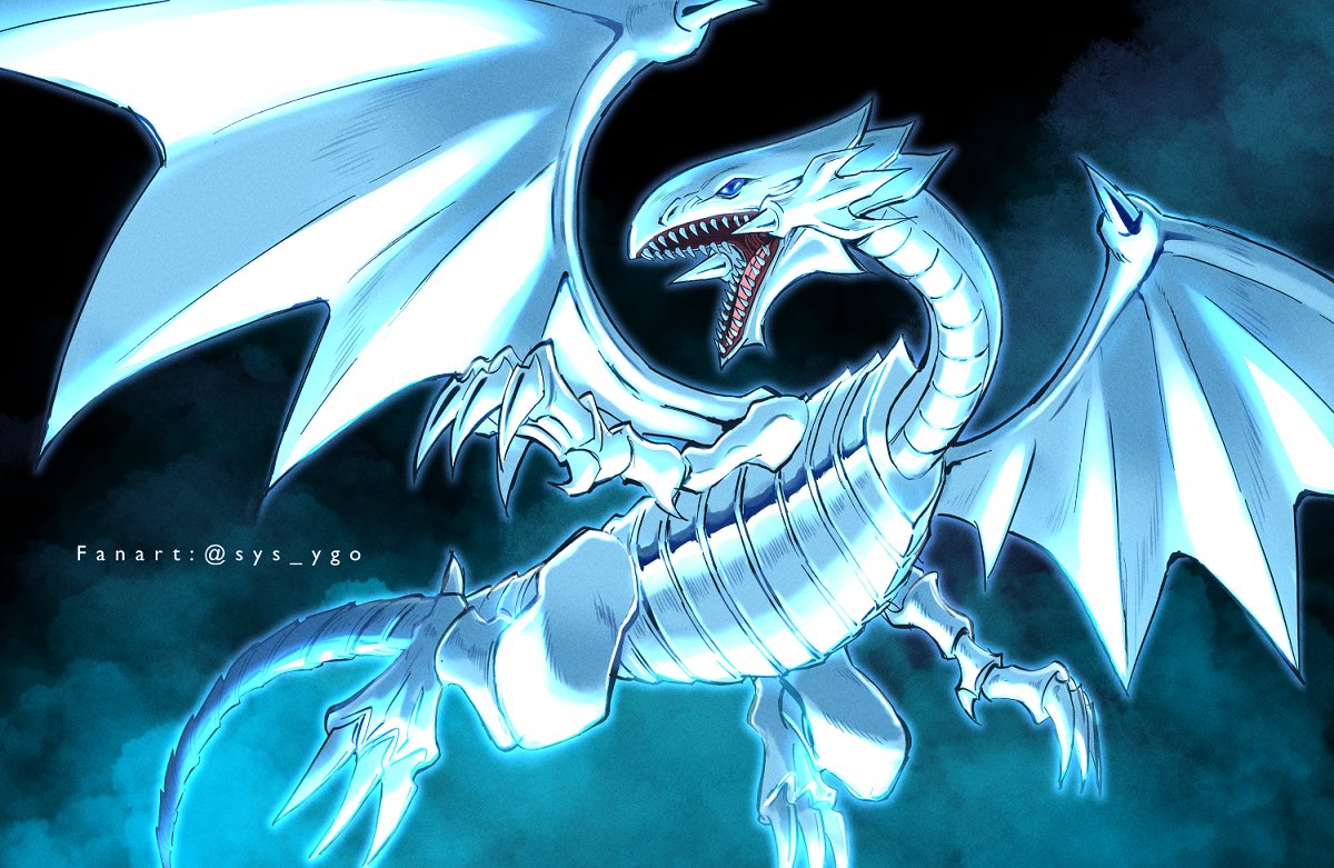 artist_name blue-eyes_white_dragon blue_eyes claws commentary_request dragon glowing looking_to_the_side no_humans open_mouth sharp_teeth solo soya_(sys_ygo) teeth tongue watermark yu-gi-oh!