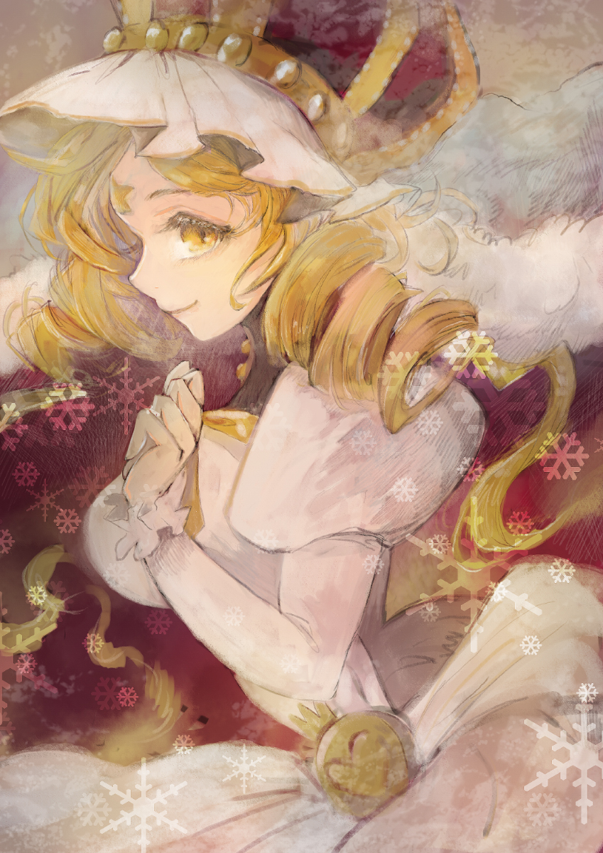 1girl ari_awayuki bangs beige_background blonde_hair breasts bubble_skirt cape clenched_hand closed_mouth crown drill_hair eyelashes facing_away frilled_sleeves frills from_side fur-trimmed_cape fur_trim hand_up high_collar highres holy_mami juliet_sleeves large_breasts light_smile long_sleeves looking_afar magia_record:_mahou_shoujo_madoka_magica_gaiden mahou_shoujo_madoka_magica parted_bangs profile puffy_sleeves red_cape sepia sideboob simple_background skirt snowflake_print snowflakes solo tareme tomoe_mami twin_drills upper_body white_skirt yellow_eyes