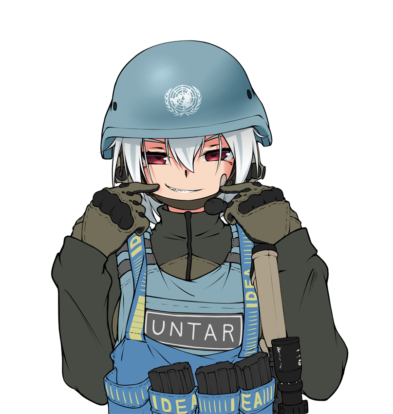 1girl armedshipyard blue_headwear blue_vest body_armor escape_from_tarkov gloves green_jacket gun hair_between_eyes helmet jacket load_bearing_vest long_sleeves looking_at_viewer magazine_(weapon) medium_hair original red_eyes scope simple_background smile solo teeth united_nations upper_body vest weapon white_background white_hair