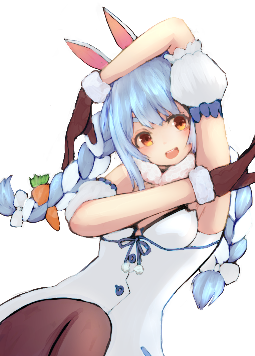 1girl :d animal_ears bangs black_gloves blue_hair blue_ribbon bow braid breasts brown_legwear carrot_hair_ornament commentary_request detached_sleeves dress eyebrows_behind_hair food_themed_hair_ornament fur_trim gloves hair_bow hair_ornament highres hololive knee_up long_hair looking_at_viewer multicolored_hair nyame_(jujs7258) open_mouth orange_eyes pantyhose pom_pom_(clothes) pose puffy_short_sleeves puffy_sleeves rabbit_ears ribbon short_sleeves sidelocks simple_background small_breasts smile solo twin_braids twintails two-tone_hair upper_body usada_pekora virtual_youtuber white_background white_bow white_dress white_hair