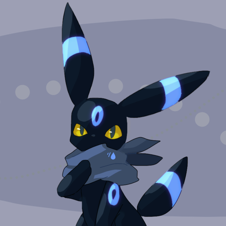 alternate_color animal_focus bandana blue_eyes blue_neckwear colored_sclera commentary_request gen_2_pokemon glowing grey_background hand_up iogi_(iogi_k) looking_at_viewer no_humans pokemon pokemon_(creature) shiny_pokemon simple_background sitting solo two-tone_background umbreon yellow_sclera