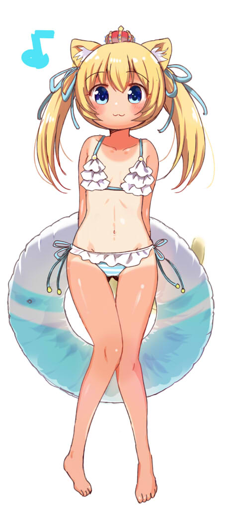 1girl :3 animal_ear_fluff animal_ears arms_behind_back bangs barefoot bikini blue_eyes blue_ribbon blush cat_ears closed_mouth collarbone commentary_request crown eyebrows_visible_through_hair flat_chest frilled_bikini frills full_body hair_ribbon holding holding_innertube indie_virtual_youtuber innertube long_hair mini_crown musical_note navel nm-chan red_headwear ribbon simple_background solo standing stomach striped striped_bikini swimsuit tan tanline tatsunokosso twintails virtual_youtuber white_background white_bikini