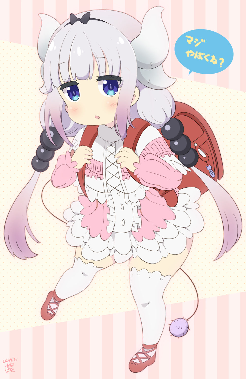 1girl aosora_neko backpack bag bangs beads black_bow black_hairband blue_eyes blunt_bangs blush bow capelet center_frills chestnut_mouth child clenched_hands commentary dragon_girl dragon_horns dragon_tail dress eyebrows_visible_through_hair frilled_capelet frilled_dress frills full_body hair_beads hair_ornament hairband hands_up highres horns jitome kanna_kamui kobayashi-san_chi_no_maidragon layered_dress leaning_forward legs_apart light_purple_hair lolita_fashion long_hair long_sleeves looking_at_viewer low_twintails mary_janes motion_lines open_mouth pink_dress raised_eyebrows randoseru red_footwear ribbed_dress shoes short_dress sketch_eyebrows solo sparkle standing tail thick_thighs thigh-highs thighs translated twintails very_long_hair white_capelet white_legwear zettai_ryouiki