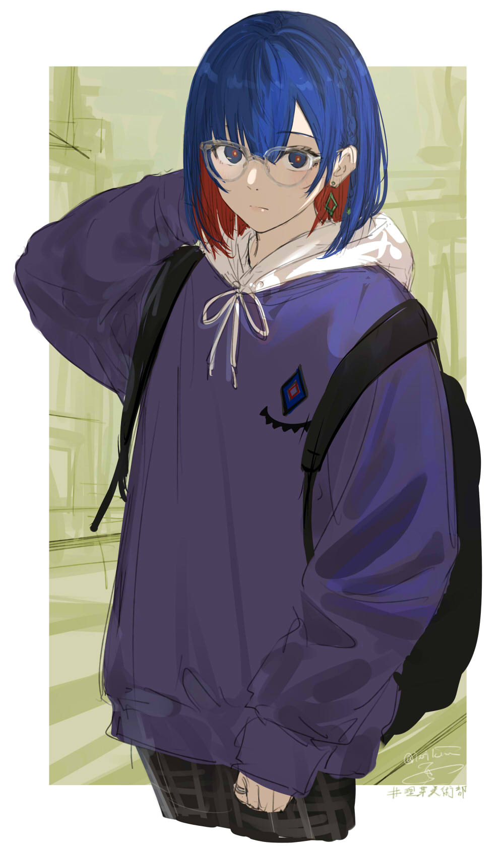 1girl backpack bag black_bag blue_eyes blue_hair blue_hoodie cowboy_shot earrings glasses highres hood hoodie isshiki_(ffmania7) jewelry looking_at_viewer medium_hair multicolored_hair original pants plaid plaid_pants redhead solo standing two-tone_hair