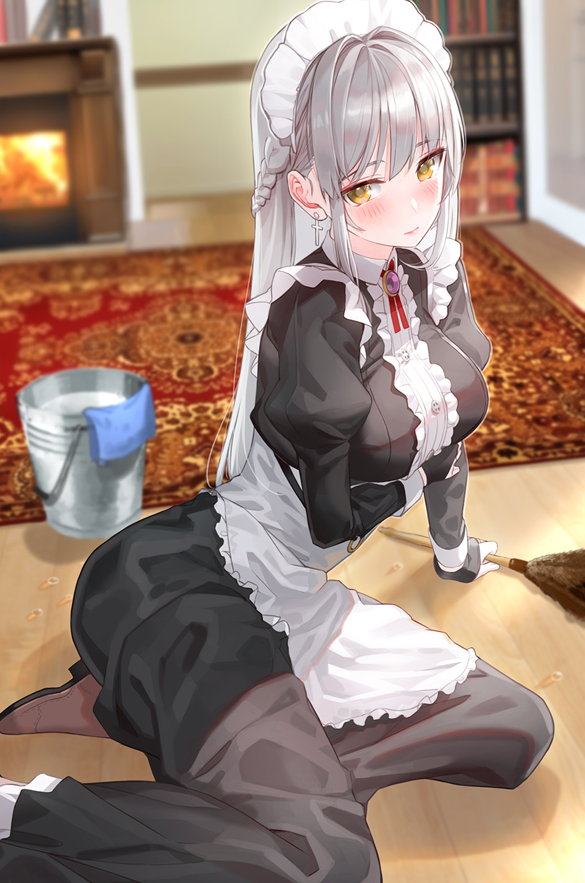 1girl apron blurry blurry_background blush bookshelf braid bucket cross cross_earrings earrings feather_duster fireplace french_braid highres indoors jewelry kfr long_hair maid maid_apron maid_headdress original rug silver_hair sitting solo yellow_eyes yokozuwari