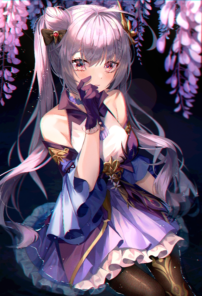 1girl bangs bare_shoulders black_gloves black_legwear blurry blush bokeh breasts chromatic_aberration closed_mouth dark_background depth_of_field detached_sleeves dress eyebrows_visible_through_hair feet_out_of_frame flower frills genshin_impact gloves gold_trim hair_between_eyes hand_to_own_mouth hanging_plant keqing_(genshin_impact) light_purple_hair long_hair looking_at_viewer medium_breasts minttchocok pantyhose petticoat pink_hair pointy_hair purple_dress purple_flower simple_background sitting solo twintails very_long_hair wide_sleeves wisteria