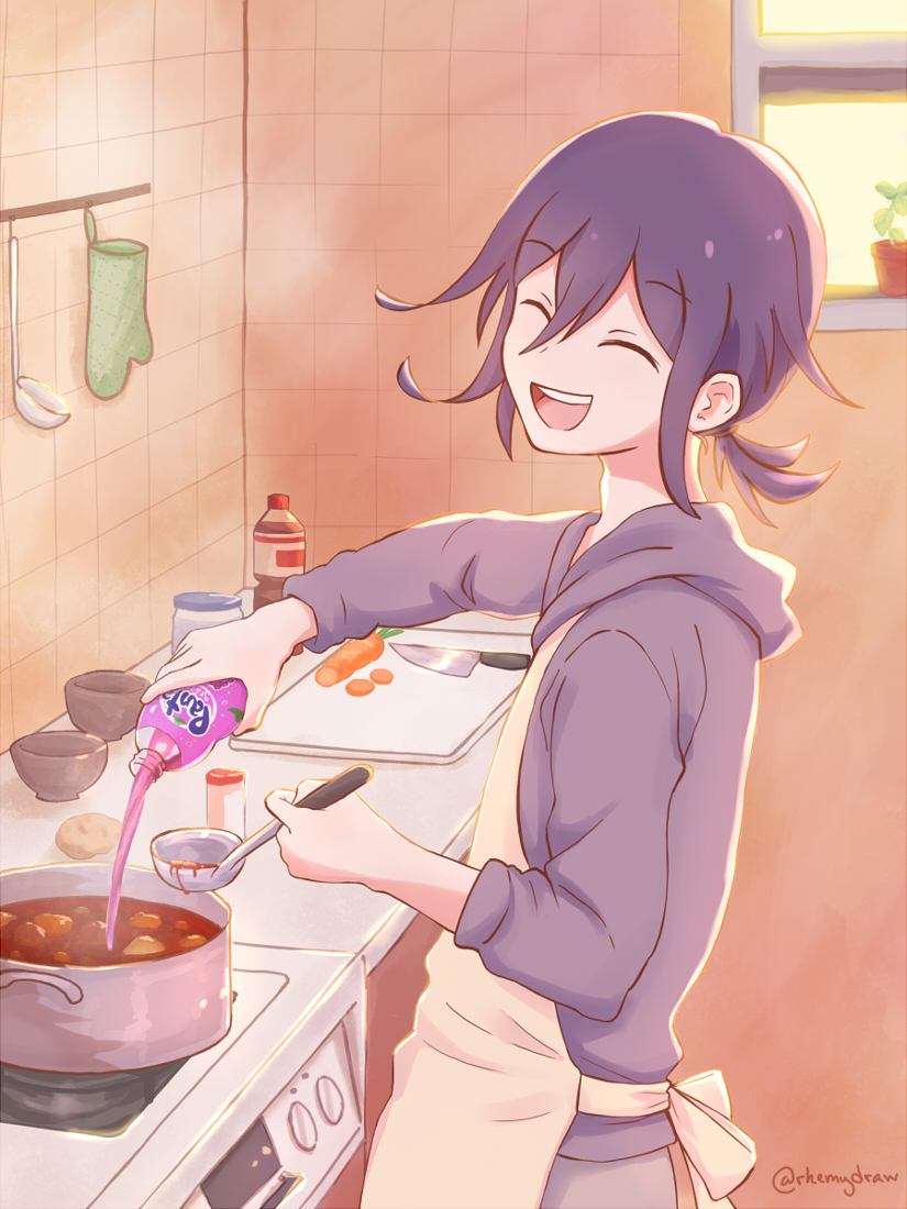 1boy :d artist_name bangs bottle closed_eyes commentary dangan_ronpa_(series) dangan_ronpa_v3:_killing_harmony eyebrows_visible_through_hair fanta food from_side hair_between_eyes holding holding_bottle hood hoodie indoors kitchen long_sleeves male_focus open_mouth ouma_kokichi pink_hoodie pouring purple_hair rhemy_(rhemydraw) short_ponytail smile solo