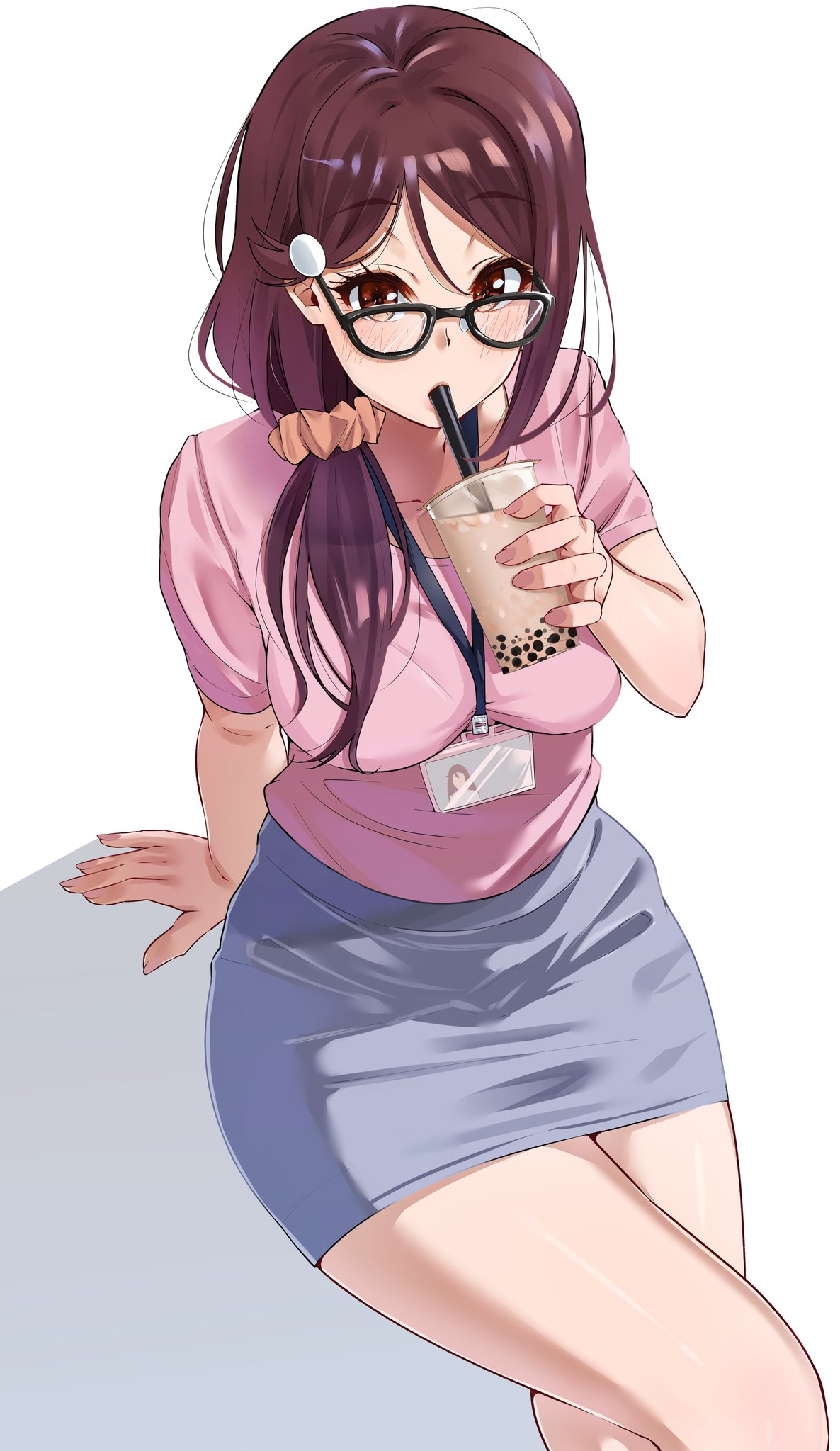 1girl arm_support bangs between_breasts black-framed_eyewear blush breasts brown_eyes brown_hair bubble_tea collarbone commentary_request crossed_legs cup disposable_cup drinking drinking_straw from_above glasses hair_ornament hair_over_shoulder hair_scrunchie hairclip highres holding igarashi_kyouhei large_breasts long_hair looking_at_viewer love_live! love_live!_sunshine!! miniskirt pencil_skirt pink_shirt sakurauchi_riko scrunchie shadow shirt short_sleeves sitting skirt solo strap_between_breasts white_background