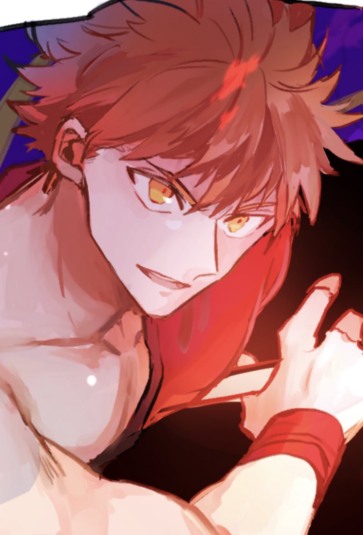 1boy bangs close-up emiya_shirou face fate/grand_order fate_(series) hally holding holding_weapon limited/zero_over looking_to_the_side male_focus open_mouth parted_lips redhead sengo_muramasa_(fate) solo weapon wristband yellow_eyes