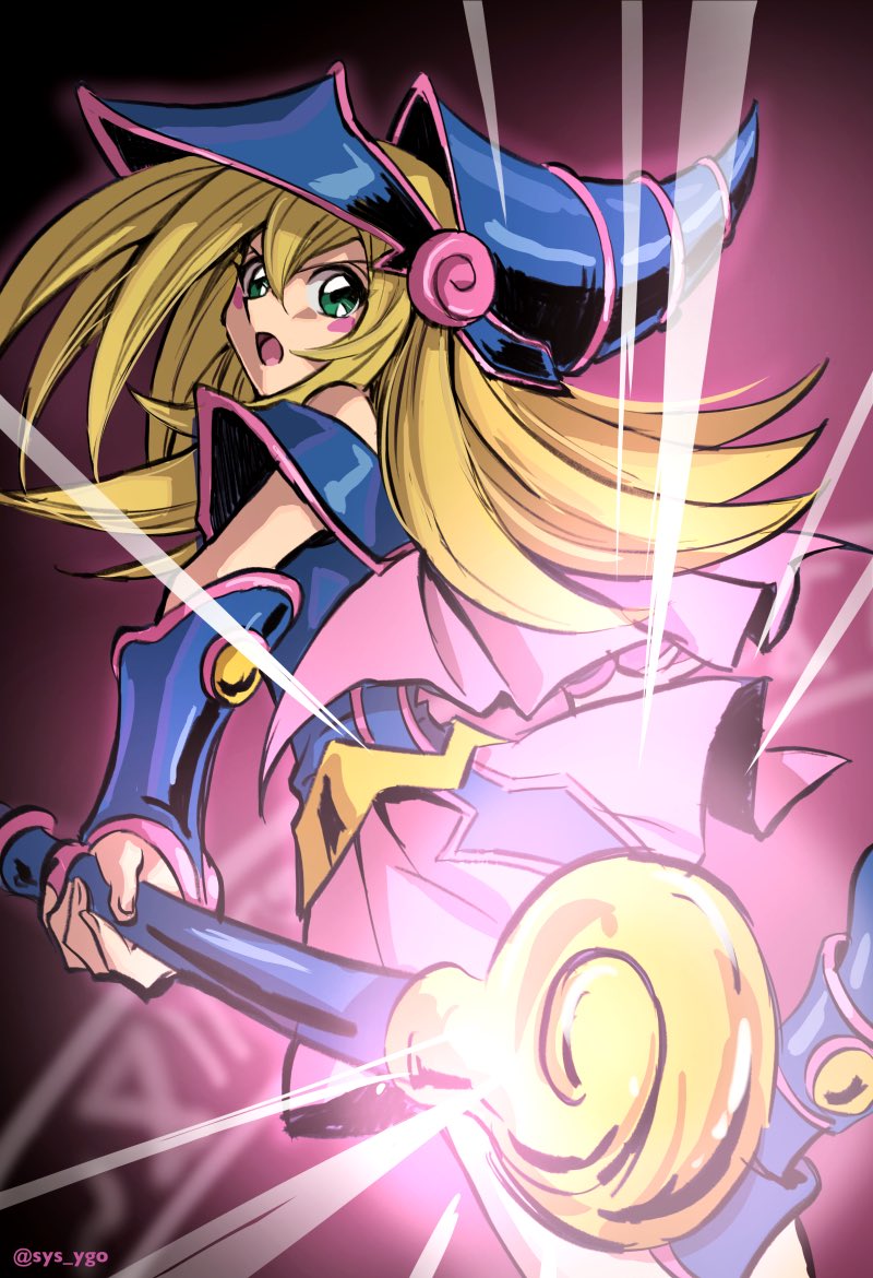 1girl :o artist_name bangs bare_shoulders blonde_hair blue_footwear blush_stickers boots commentary dark_magician_girl duel_monster glowing green_eyes hair_between_eyes hat holding holding_staff long_hair looking_back open_mouth solo soya_(sys_ygo) staff tongue watermark wizard_hat yu-gi-oh!