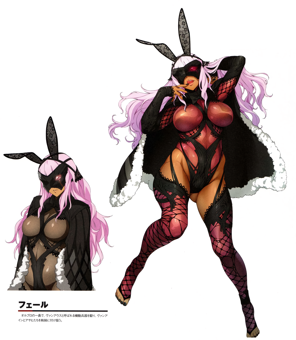 1girl animal_ears arm_behind_head ass_visible_through_thighs black_nails breasts capelet curvy dark_skin dark-skinned_female fake_animal_ears large_breasts long_hair mask multiple_views non-web_source official_art pink_hair rabbit_ears simple_background solo super_robot_wars_x-omega thigh-highs toeless_legwear toenail_polish tongue tongue_out translation_request watanabe_wataru_(character_designer) white_background