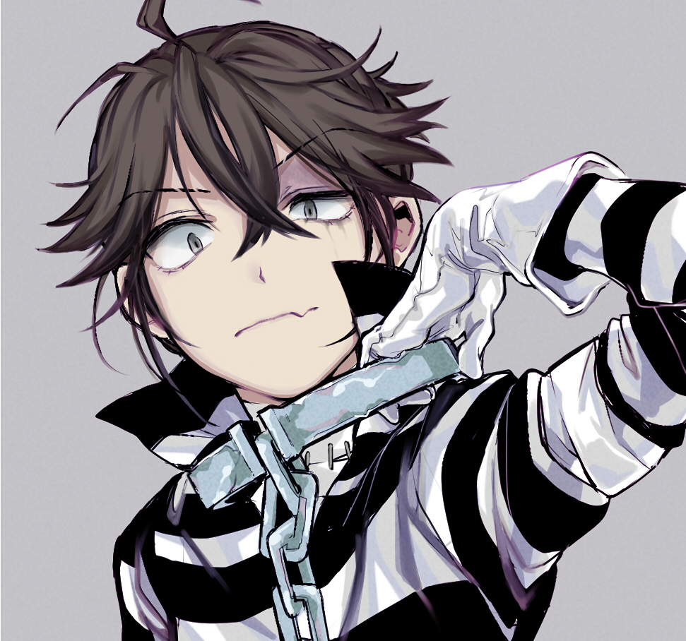 1boy ahoge bandages brown_hair bruise bruised_eye chain eyebrows_visible_through_hair fang gloves grey_background grey_eyes hair_between_eyes identity_v ieiieiiei injury long_sleeves luca_balsa male_focus messy_hair popped_collar prison_clothes prisoner shirt short_hair simple_background skin_fang solo striped striped_shirt